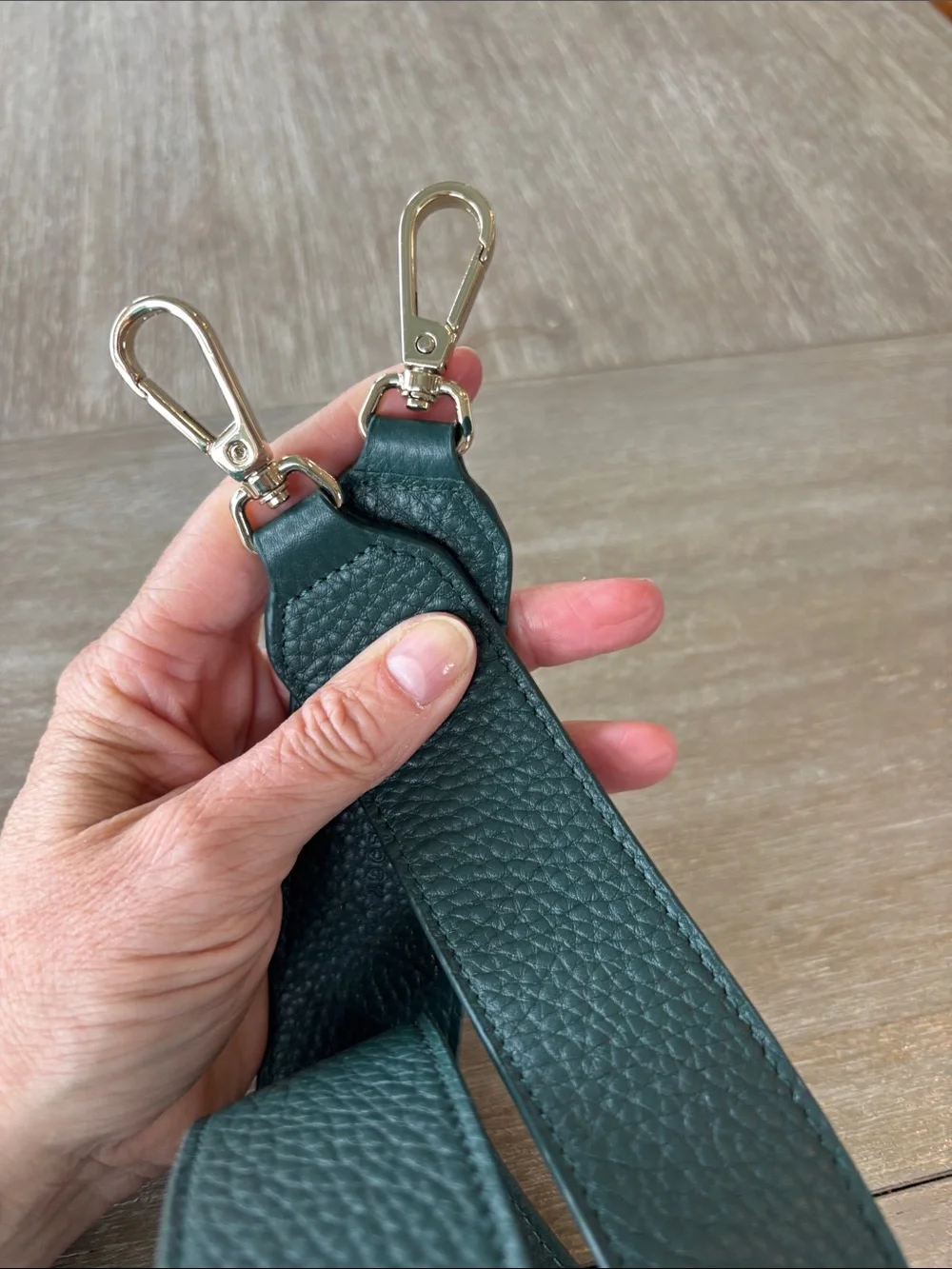 Textured Dark Green Leather Bag Strap with Gold Hardware